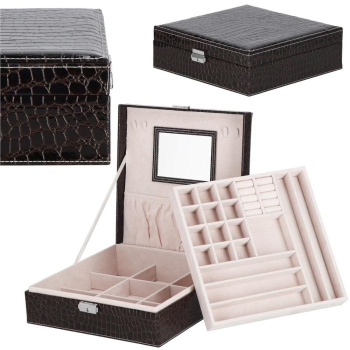 Cutie depozitare si organizare bijuterii, MDF, piele ecologica, 26 x 26 x 8,5cm, negru sarpe [15]