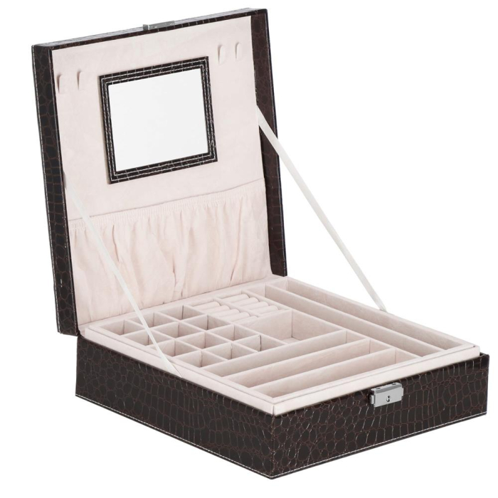 Cutie depozitare si organizare bijuterii, MDF, piele ecologica, 26 x 26 x 8,5cm, negru sarpe [21]