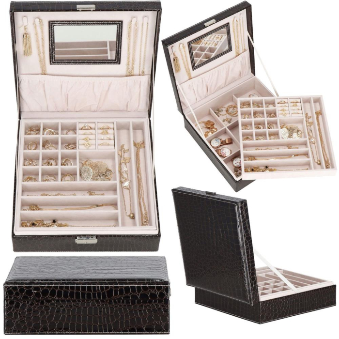 Cutie depozitare si organizare bijuterii, MDF, piele ecologica, 26 x 26 x 8,5cm, negru sarpe [28]