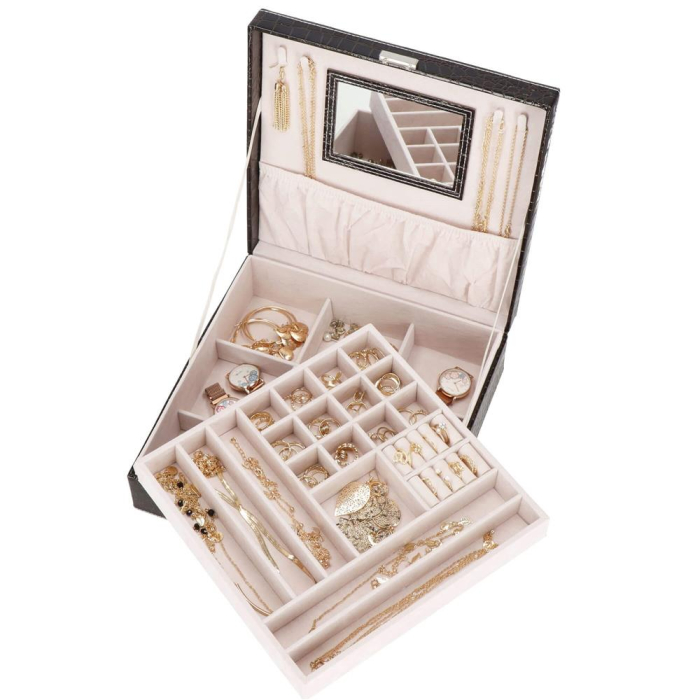 Cutie depozitare si organizare bijuterii, MDF, piele ecologica, 26 x 26 x 8,5cm, negru sarpe [33]