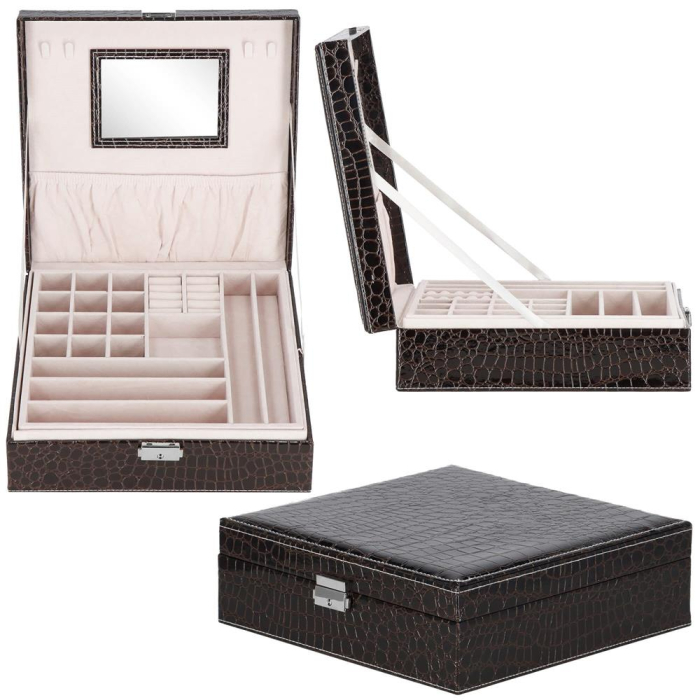 Cutie depozitare si organizare bijuterii, MDF, piele ecologica, 26 x 26 x 8,5cm, negru sarpe [18]