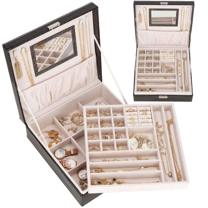 Cutie depozitare si organizare bijuterii, MDF, piele ecologica, 26 x 26 x 8,5cm, negru sarpe [30]