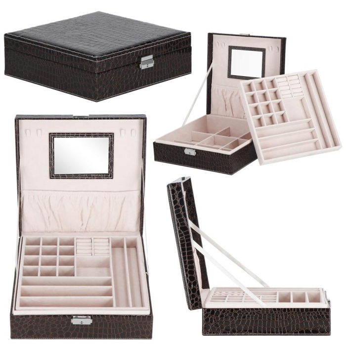 Cutie depozitare si organizare bijuterii, MDF, piele ecologica, 26 x 26 x 8,5cm, negru sarpe [14]