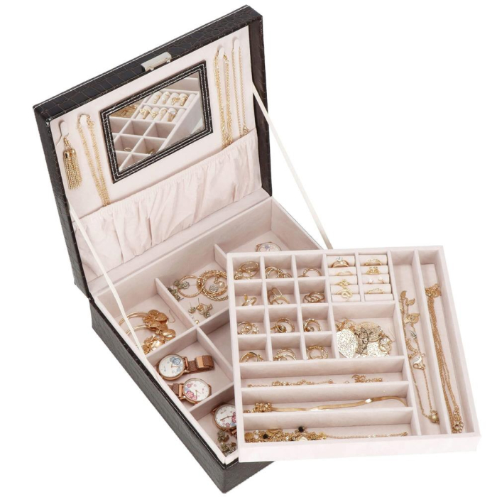 Cutie depozitare si organizare bijuterii, MDF, piele ecologica, 26 x 26 x 8,5cm, negru sarpe [31]