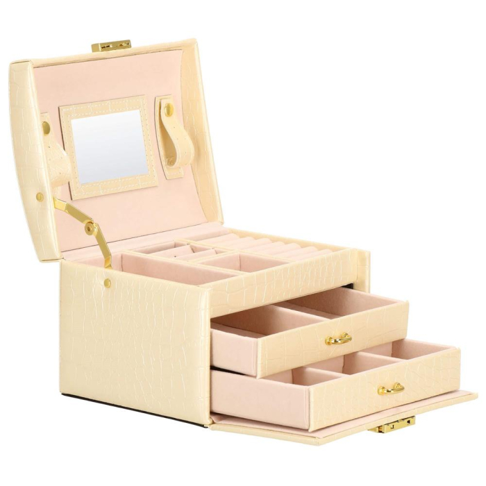 (DL) Cutie depozitare si organizare bijuterii, MDF, piele ecologica si velur, 17,5 x 14 x 12,5cm, crem [12]