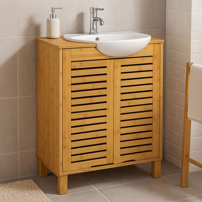 Dulap baie 5Five Sicela pentru lavoar, cu usi si rafturi, bambus si MDF, 60x28x80 cm, natur [6]