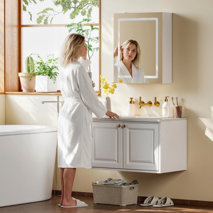  Dulap Baie cu Oglinda LED, 50x15x60 cm Mobila Baie cu Functie Anti-Aburire, Rafturi Reglabile, 3 Temperaturi de Lumina Dimmabile, Dulap Montat pe Perete din Sticla, Alb [9]