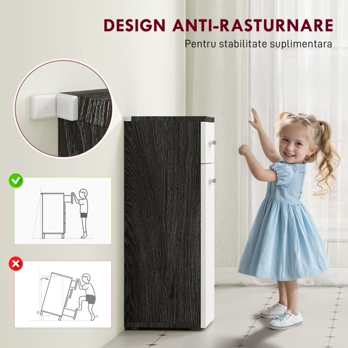  Dulap Baie din Lemn cu Sertar si Rafturi, Design Alb si Negru [6]