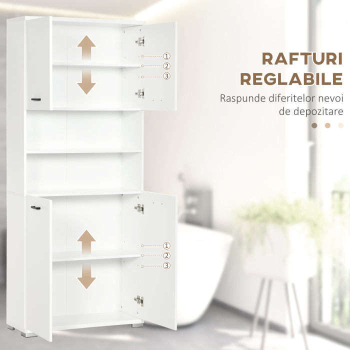  Dulap Baie din PAL Alb cu 2 Dulapioare cu Usi si  2 Rafturi Deschise, Design Anti rasturnare, 80x33.5x190 cm [5]