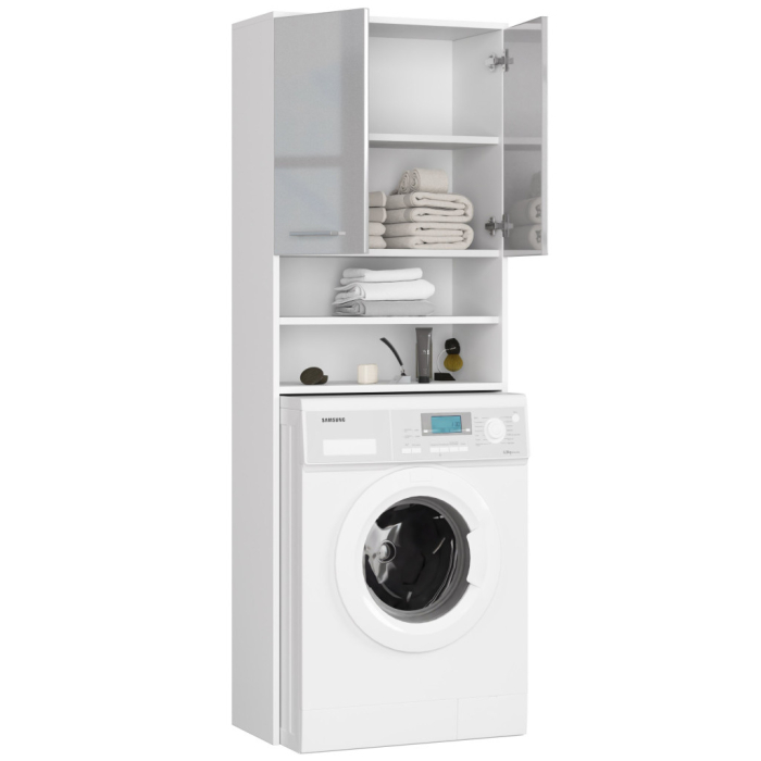 Dulap baie inalt pentru spatiu deasupra masinii de spalat, cu usi si polite, 64x30x180 cm, alb metalic lucios [3]