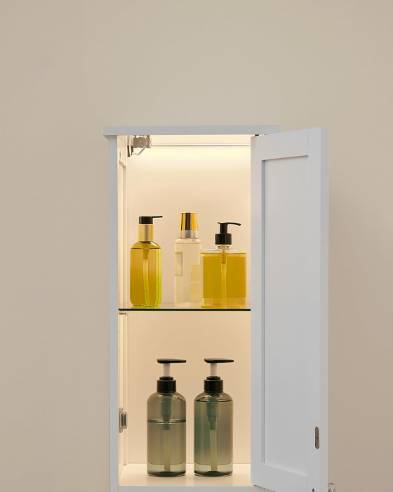 Dulap baie inalt si ingust cu lumina LED, rafturi reglabile, MDF lacuit, 30x30x170 cm, alb [7]