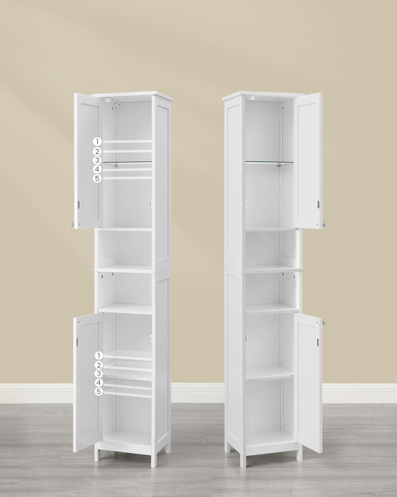 Dulap baie inalt si ingust cu lumina LED, rafturi reglabile, MDF lacuit, 30x30x170 cm, alb [5]