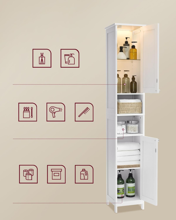 Dulap baie inalt si ingust cu lumina LED, rafturi reglabile, MDF lacuit, 30x30x170 cm, alb [6]