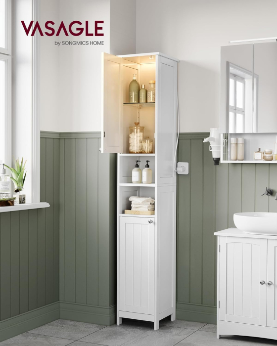 Dulap baie inalt si ingust cu lumina LED, rafturi reglabile, MDF lacuit, 30x30x170 cm, alb [8]