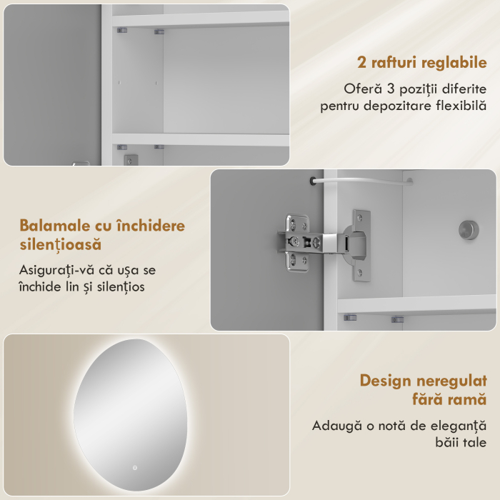  Dulap Baie LED, Anti-Condens, Iluminare Reglabila 3 Tonuri, Alb, Montare pe Perete [7]