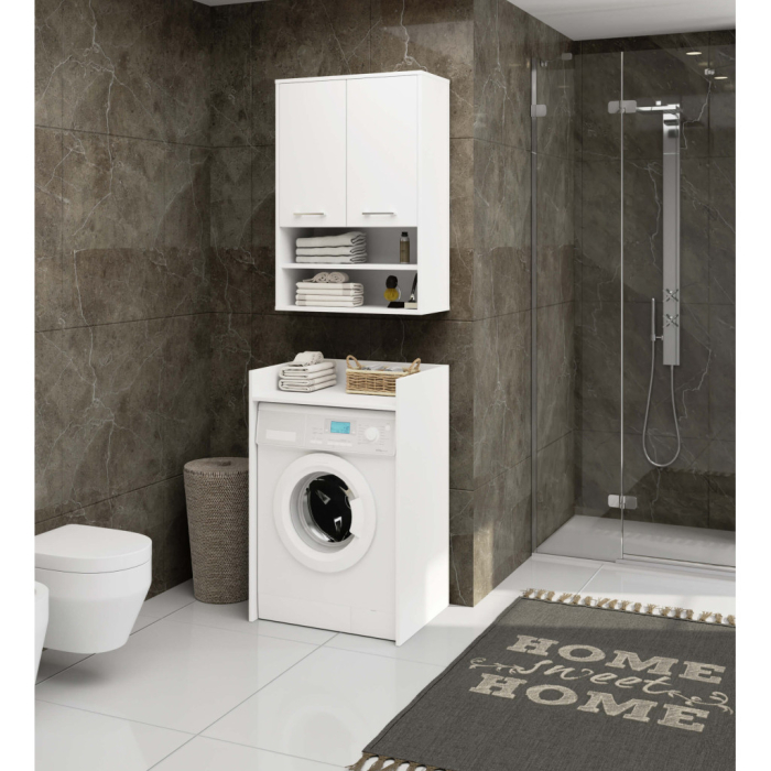 Dulap baie suspendat, cu 2 usi si 2 rafturi deschise, PAL 16 mm, 64x30x94 cm, alb [5]