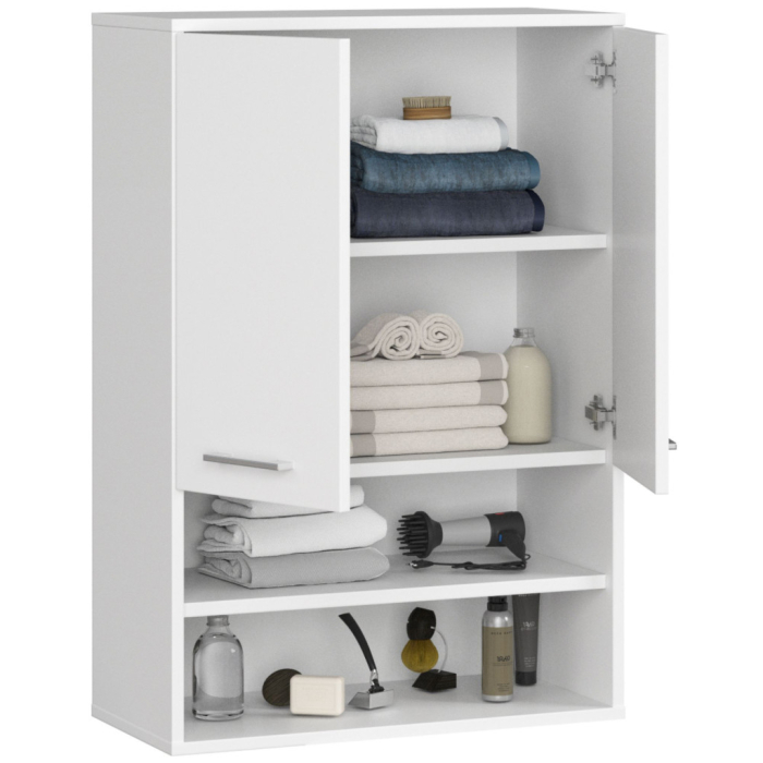Dulap baie suspendat, cu 2 usi si 2 rafturi deschise, PAL 16 mm, 64x30x94 cm, alb [2]