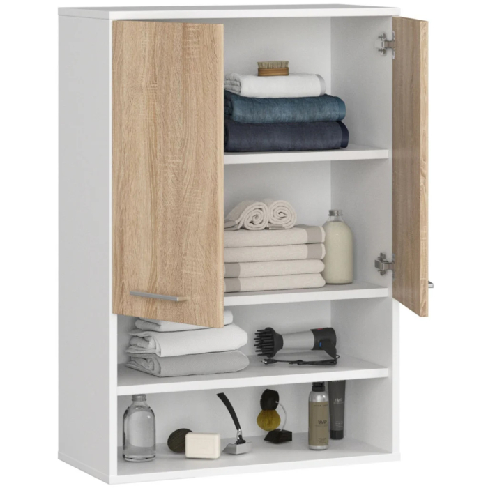 Dulap baie suspendat, cu 2 usi si 2 rafturi deschise, PAL 16 mm, 64x30x94 cm, alb si stejar sonoma [3]
