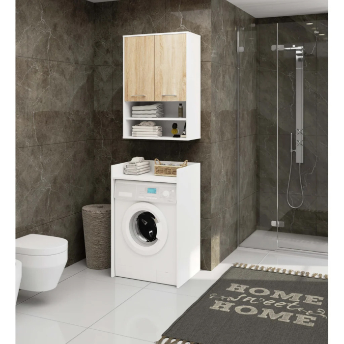 Dulap baie suspendat, cu 2 usi si 2 rafturi deschise, PAL 16 mm, 64x30x94 cm, alb si stejar sonoma [5]