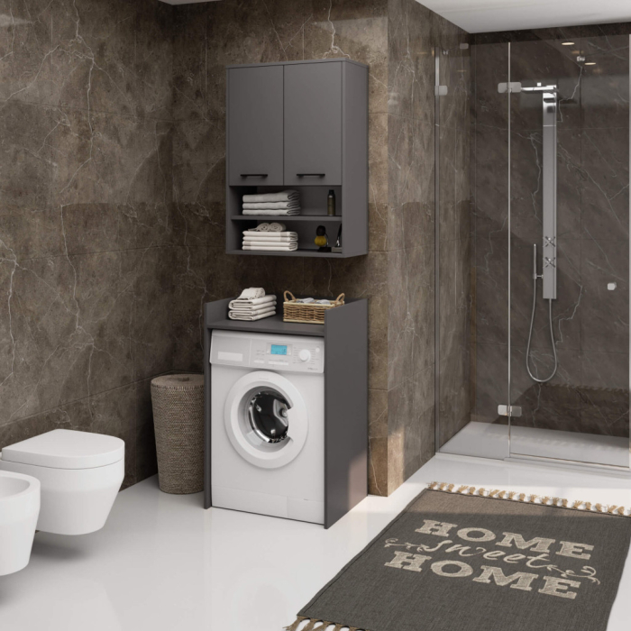 Dulap baie suspendat, cu 2 usi si 2 rafturi deschise, PAL 16 mm, 64x30x94 cm, gri [4]