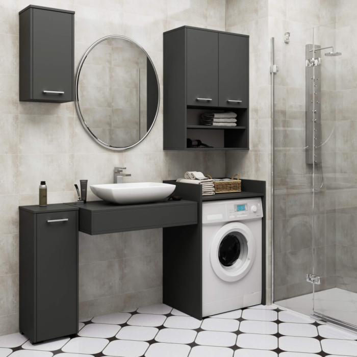 Dulap baie suspendat, cu 2 usi si 2 rafturi deschise, PAL 16 mm, 64x30x94 cm, gri [5]