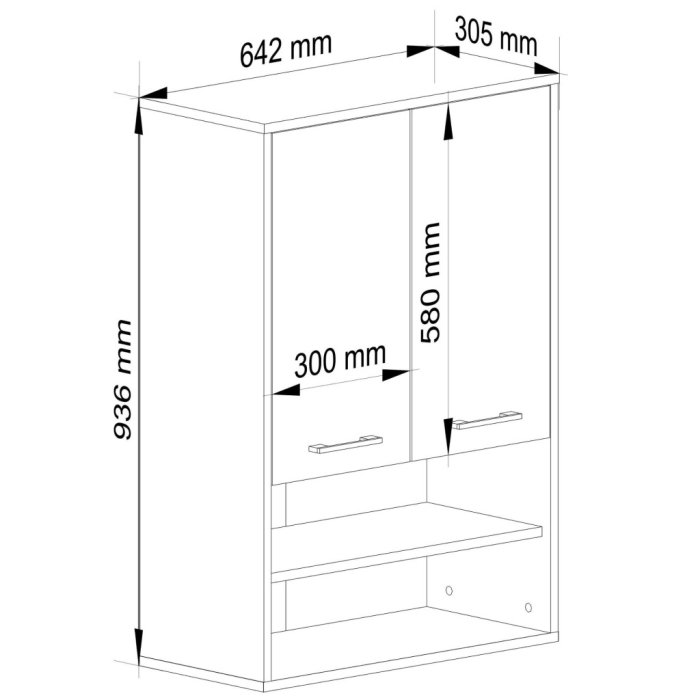 Dulap baie suspendat, cu 2 usi si 2 rafturi deschise, PAL 16 mm, 64x30x94 cm, gri si stejar artisan [3]