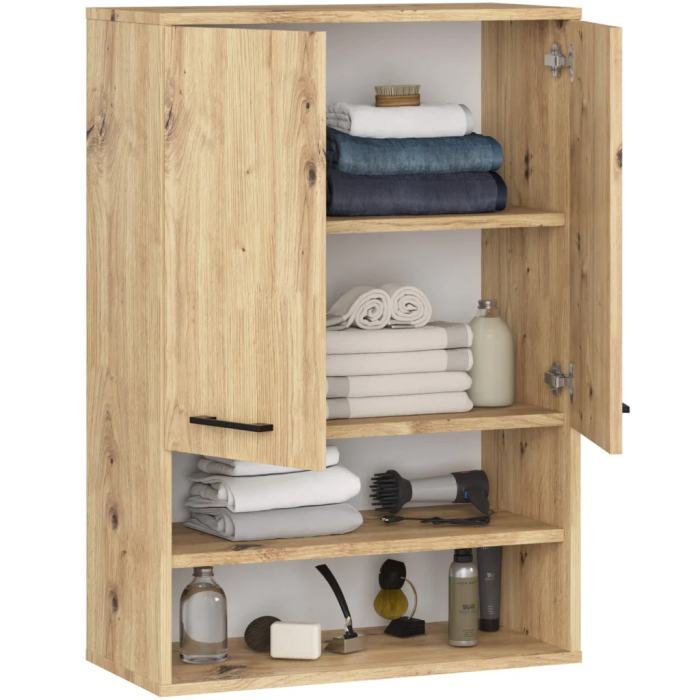 Dulap baie suspendat, cu 2 usi si 2 rafturi deschise, PAL 16 mm, 64x30x94 cm, stejar artisan [4]