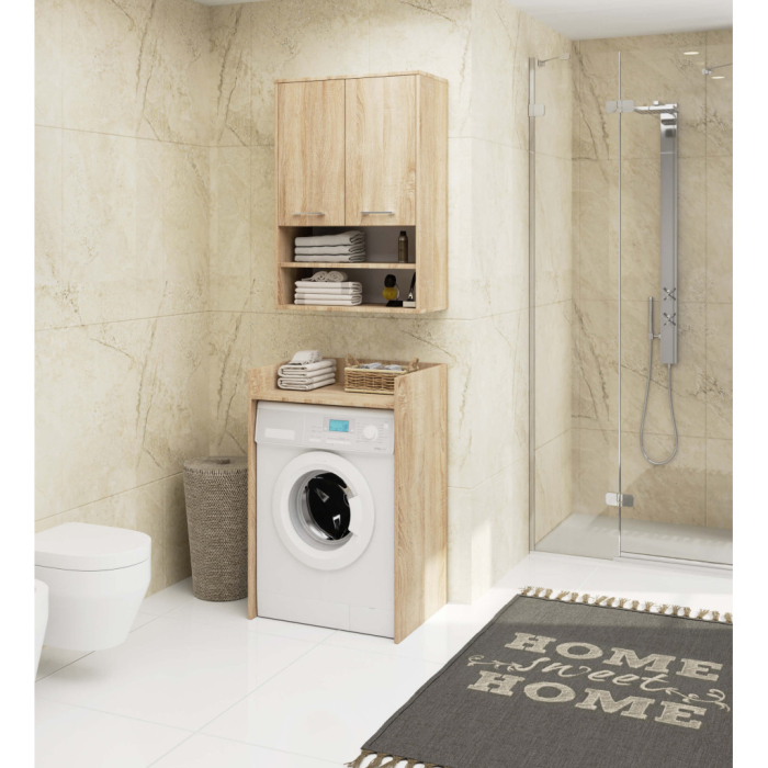 Dulap baie suspendat, cu 2 usi si 2 rafturi deschise, PAL 16 mm, 64x30x94 cm, stejar sonoma [2]