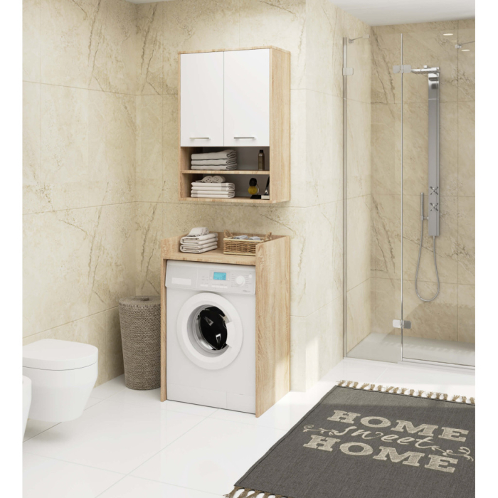 Dulap baie suspendat, cu 2 usi si 2 rafturi deschise, PAL 16 mm, 64x30x94 cm, stejar sonoma si alb [3]