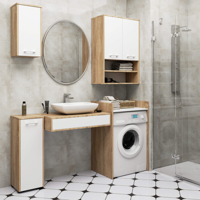 Dulap baie suspendat, cu 2 usi si 2 rafturi deschise, PAL 16 mm, 64x30x94 cm, stejar sonoma si alb [6]