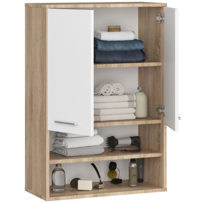 Dulap baie suspendat, cu 2 usi si 2 rafturi deschise, PAL 16 mm, 64x30x94 cm, stejar sonoma si alb [7]