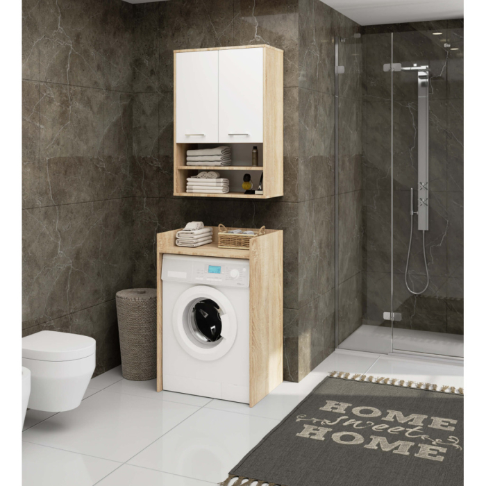 Dulap baie suspendat, cu 2 usi si 2 rafturi deschise, PAL 16 mm, 64x30x94 cm, stejar sonoma si alb [4]