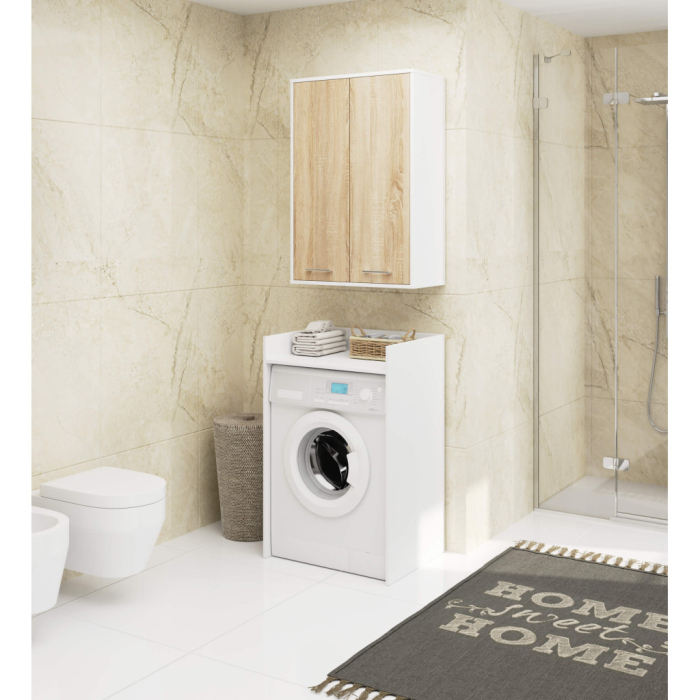 Dulap baie suspendat, cu 2 usi si 4 rafturi interioare, PAL 16 mm, 64x30x94 cm, alb si stejar sonoma [4]