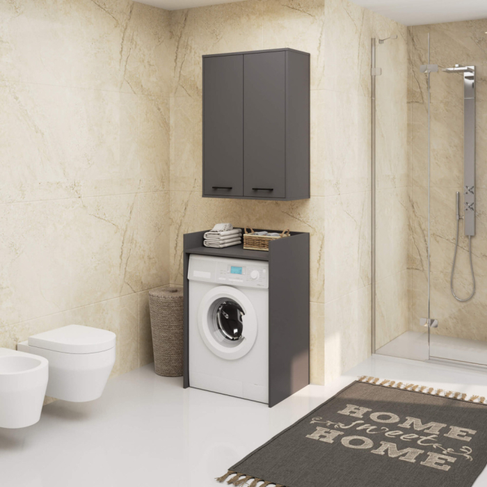 Dulap baie suspendat, cu 2 usi si 4 rafturi interioare, PAL 16 mm, 64x30x94 cm, gri grafit [4]