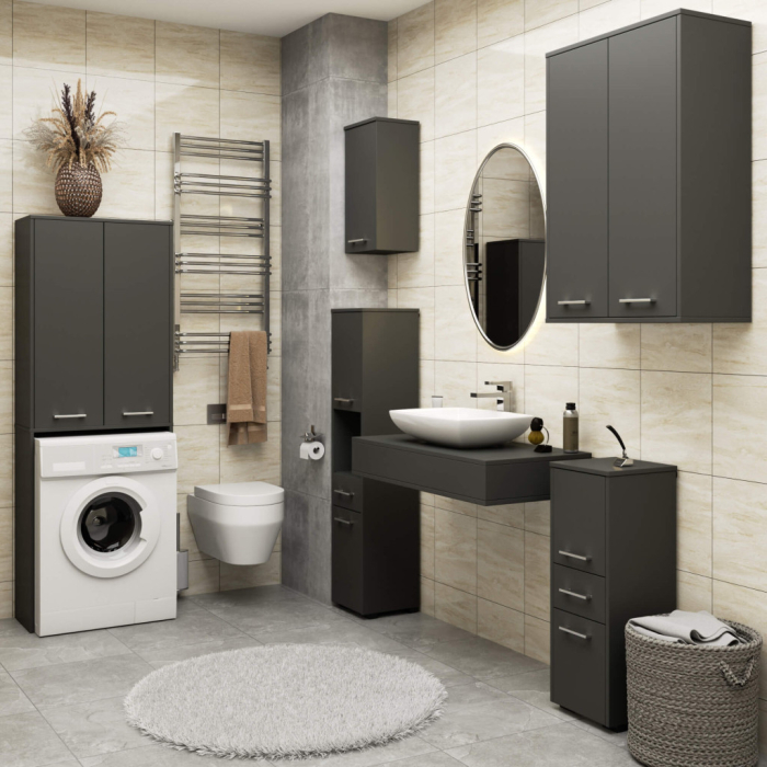 Dulap baie suspendat, cu 2 usi si 4 rafturi interioare, PAL 16 mm, 64x30x94 cm, gri grafit [5]