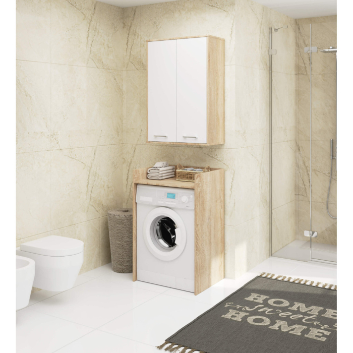 Dulap baie suspendat, cu 2 usi si 4 rafturi interioare, PAL 16 mm, 64x30x94 cm, stejar sonoma si alb [4]