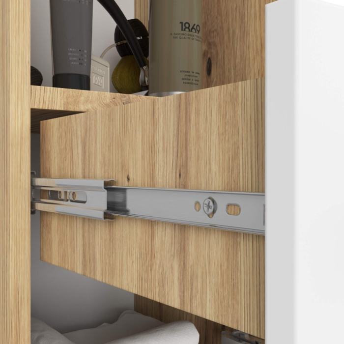 Dulap baie tip coloana cu 2 usi, 1 sertar si rafturi interioare, PAL laminat, 30x30x140 cm, stejar artisan si alb [4]