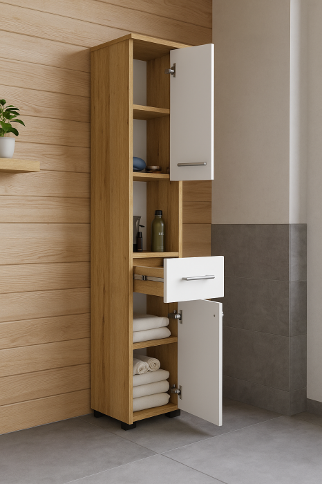 Dulap baie tip coloana cu 2 usi, 1 sertar si rafturi interioare, PAL laminat, 30x30x140 cm, stejar artisan si alb [8]