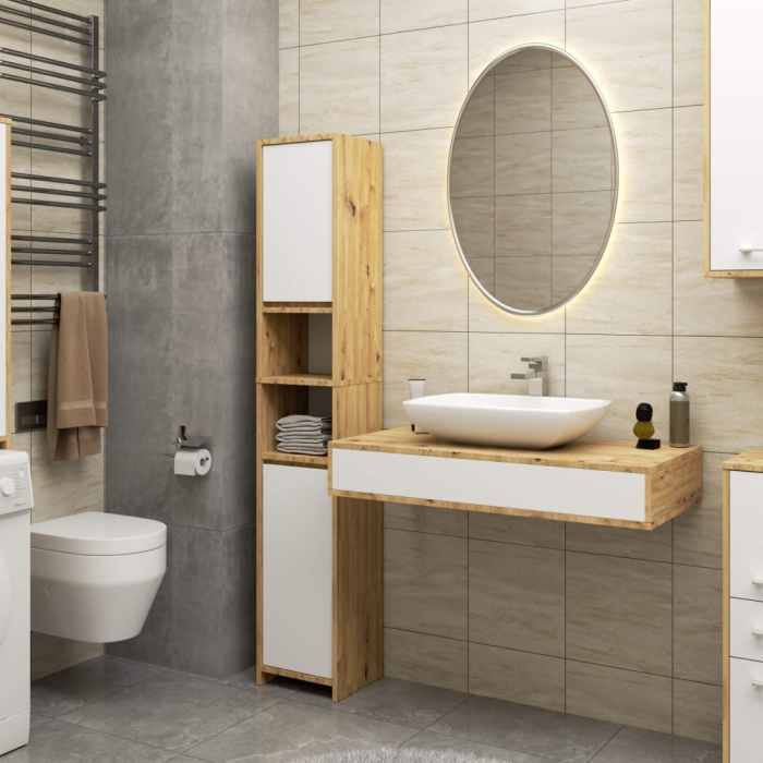 Dulap baie tip coloana cu 2 usi, 1 sertar si rafturi interioare, PAL laminat, 30x30x140 cm, stejar artisan si alb [7]