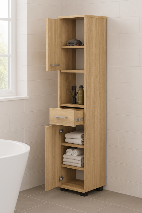 Dulap baie tip coloana cu 2 usi, 1 sertar si rafturi interioare, PAL laminat, 30x30x140 cm, stejar sonoma [7]