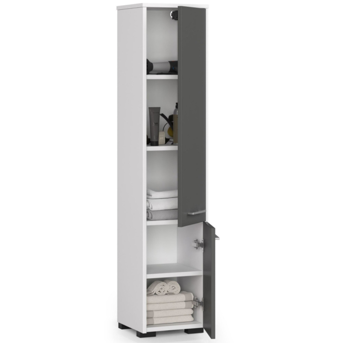 Dulap baie tip coloana cu 2 usi si 5 rafturi, PAL laminat, 30x30x140 cm, alb si gri [2]