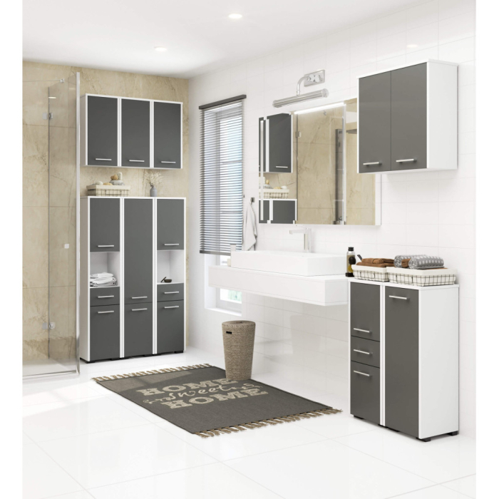 Dulap baie tip coloana cu 2 usi si 5 rafturi, PAL laminat, 30x30x140 cm, alb si gri [5]