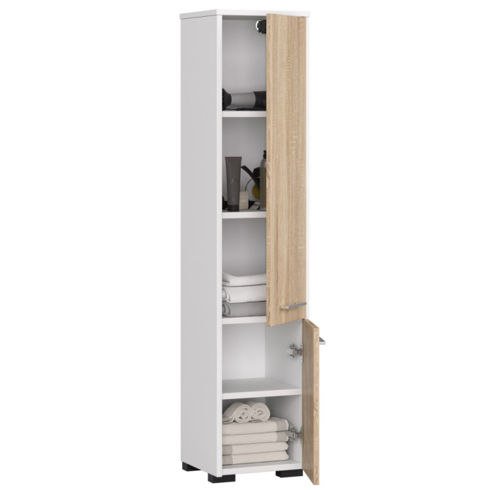 Dulap baie tip coloana cu 2 usi si 5 rafturi, PAL laminat, 30x30x140 cm, alb si stejar sonoma [5]