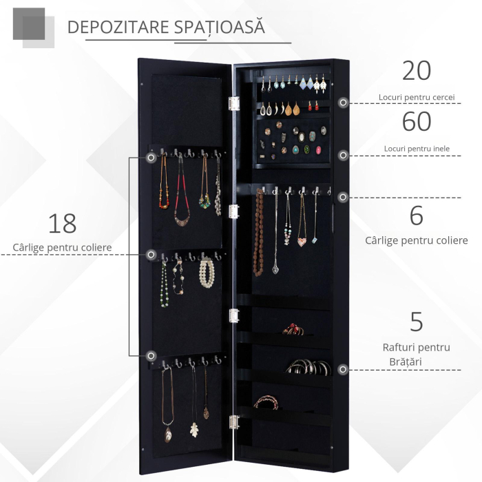  Dulap Bijuterii pentru Perete cu Oglinda din Lemn MDF, Negru,37x9.5x121cm [4]