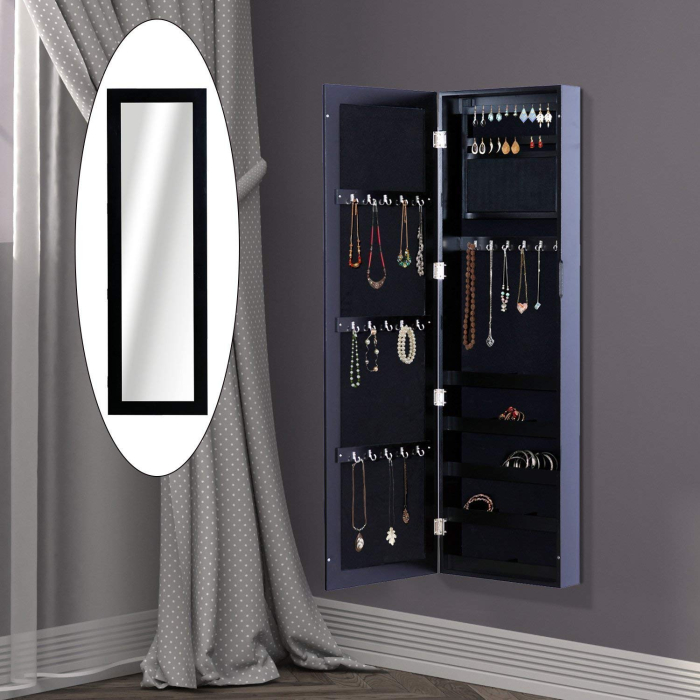  Dulap Bijuterii pentru Perete cu Oglinda din Lemn MDF, Negru,37x9.5x121cm [6]