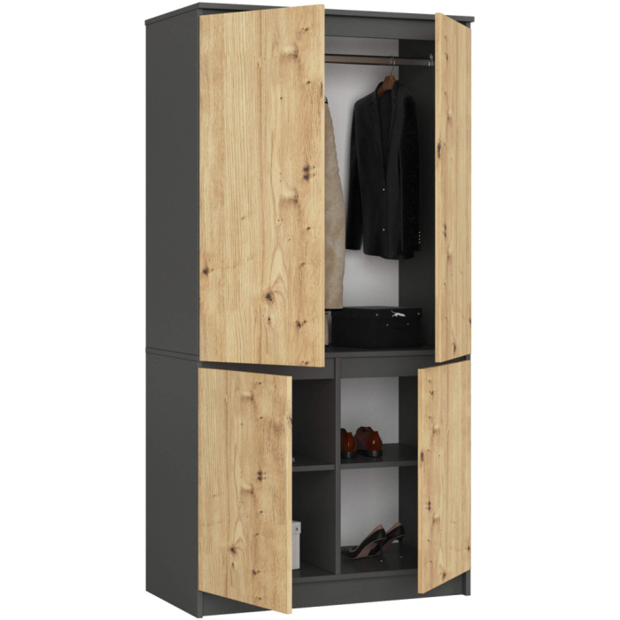 Dulap cu 4 usi, rafturi si bara pentru umerase, PAL laminat, 90x51x180 cm, gri grafit si stejar artisan [2]