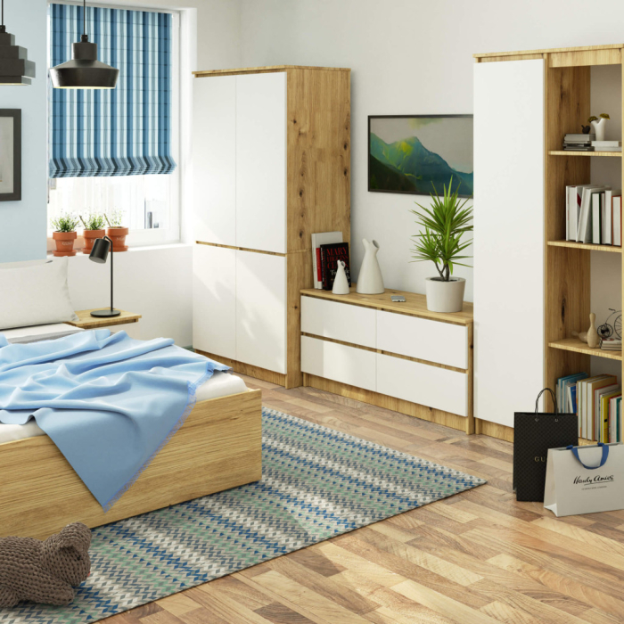 Dulap cu 4 usi, rafturi si bara pentru umerase, PAL laminat, 90x51x180 cm, stejar artisan si alb [4]