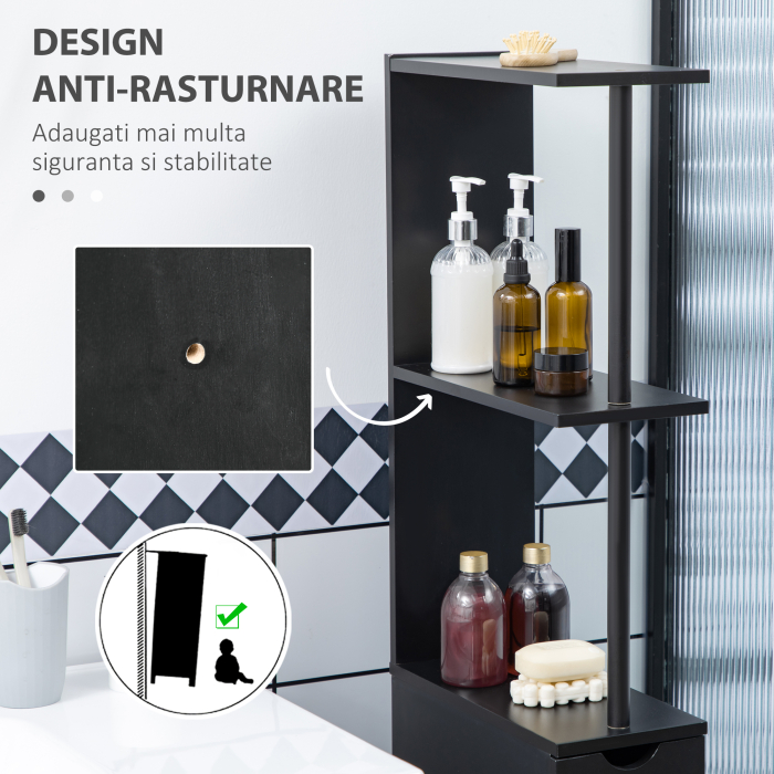  Dulap cu coloana din lemn ce economie de spatiu, dulap de baie cu rafturi, dulap si sertare, negru, 15x33x136cm [6]