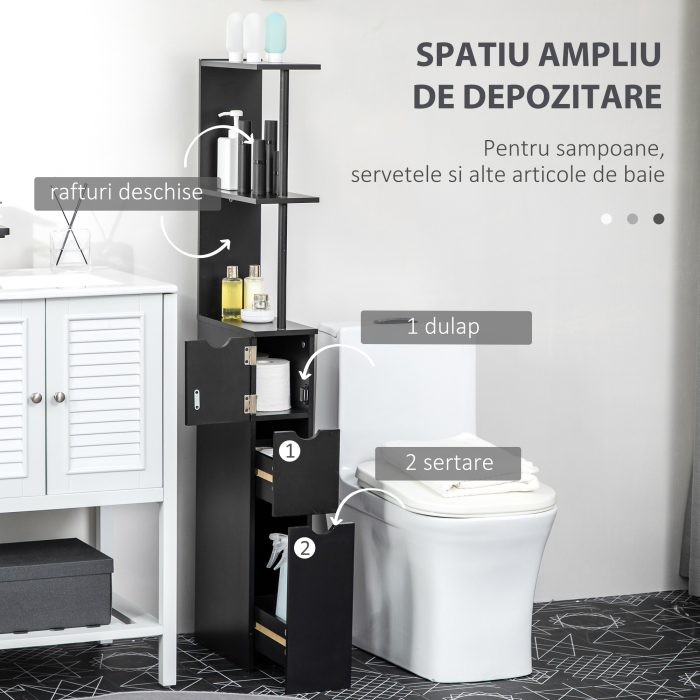  Dulap cu coloana din lemn ce economie de spatiu, dulap de baie cu rafturi, dulap si sertare, negru, 15x33x136cm [4]