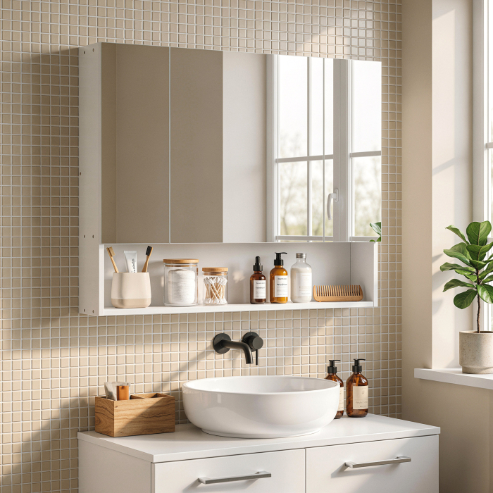 , Dulap cu Oglinda, 3 Usi Soft Close si Rafturi Reglabile, MDF, sticla, 90 cm x 15 cm x 75 cm, Alb [2]